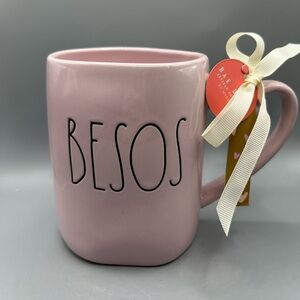 Rae Dunn Pink BESOS Mug with Heart Handle Valentine’s Day KISSES NEW
